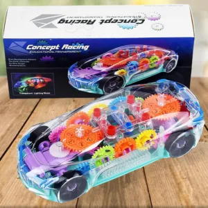 360° Rotating Gear Car Toy with Music & 3D Lights – Transparent Body (Multicolor)