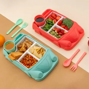 Kid's Car Shaped Plate Lunch Box Set with Spoon & Fork (4 Pcs, 1000ML)