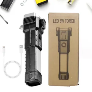 3W Rechargeable LED Torch with Hammer, Magnet, Glass Cutter & 4 Light Modes